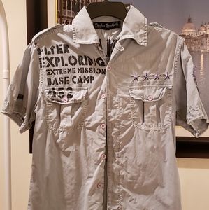 Twelve Symbols light Teal Blue Plane patches Button Down Short Sleeve T shirt S